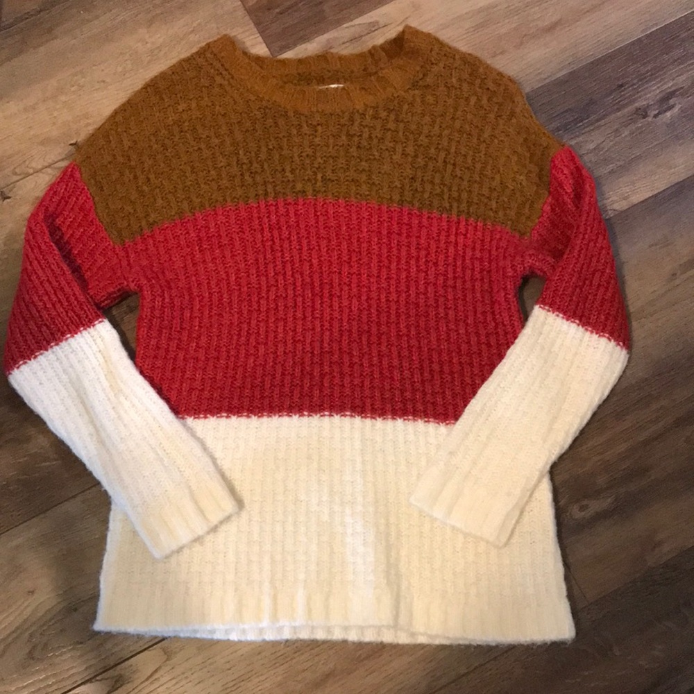 American Eagle Chunky Colorblock Knit Sweater - Red, Brown, and Cream
